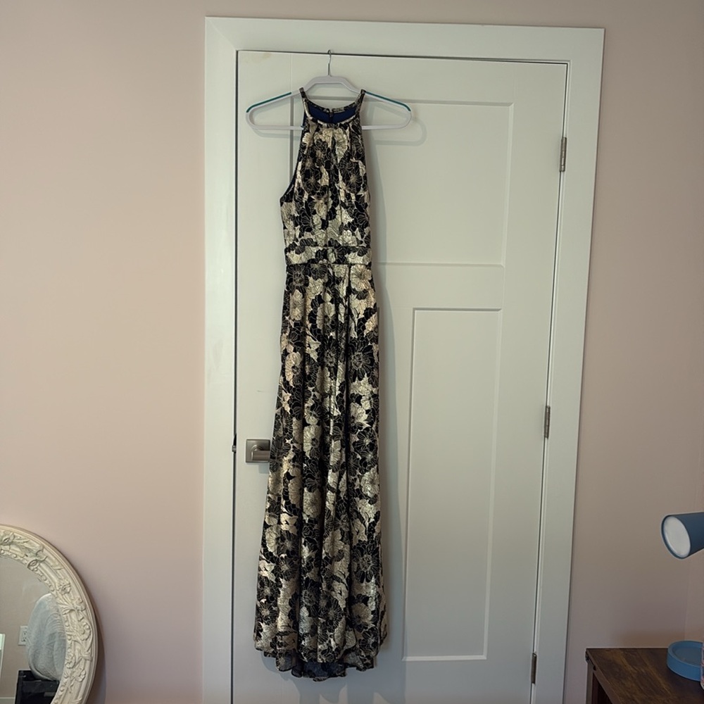 Betsy & Adam Sleeveless Black and Gold Maxi Dress